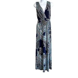 Renee C Wynne Knit‎ Maxi Dress Blue Paisley Womens Medium Vacation Resortwear